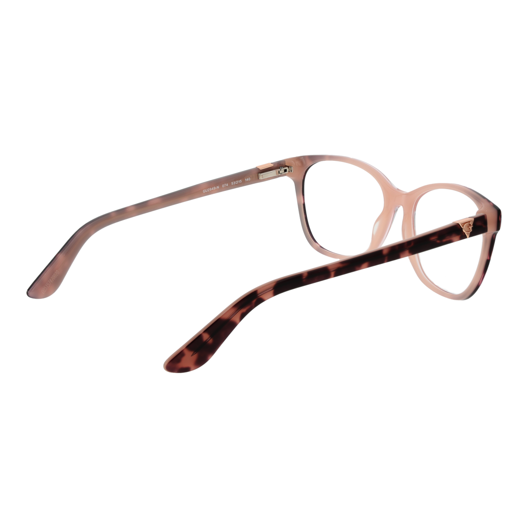 Pink and tortoiseshell full-rim rectangular eyeglasses with decorative metal logo on temples