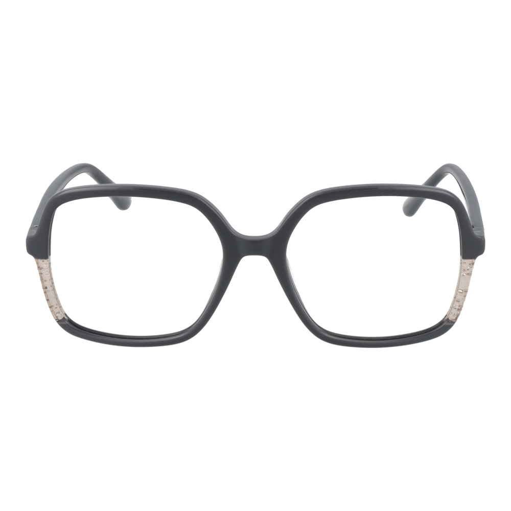 Black eyeglasses with transparent beige accents, square lenses, and logo on temple, modern two-tone plastic frame