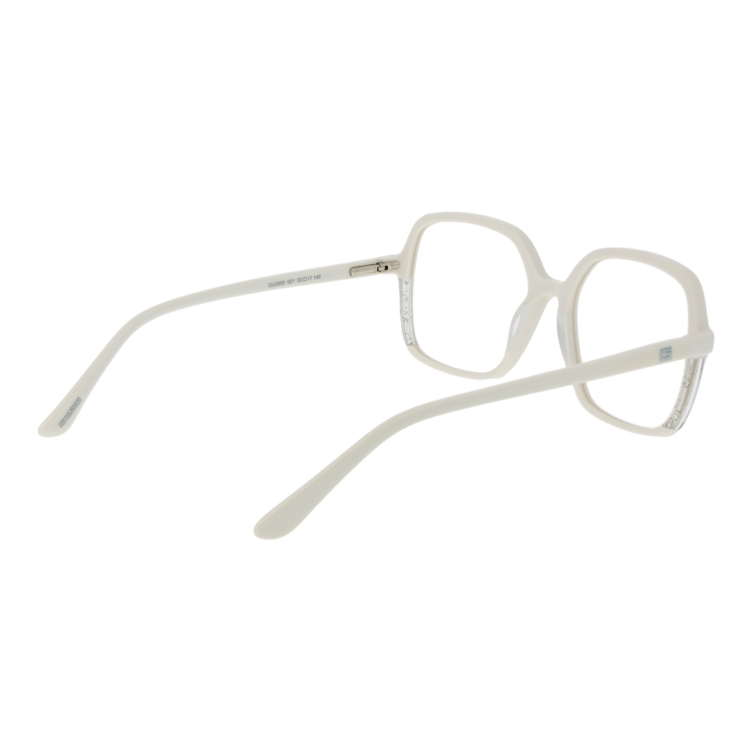 Off-white full-rim square eyeglasses for Women with clear lower edges and embedded speckles, modern plastic frame