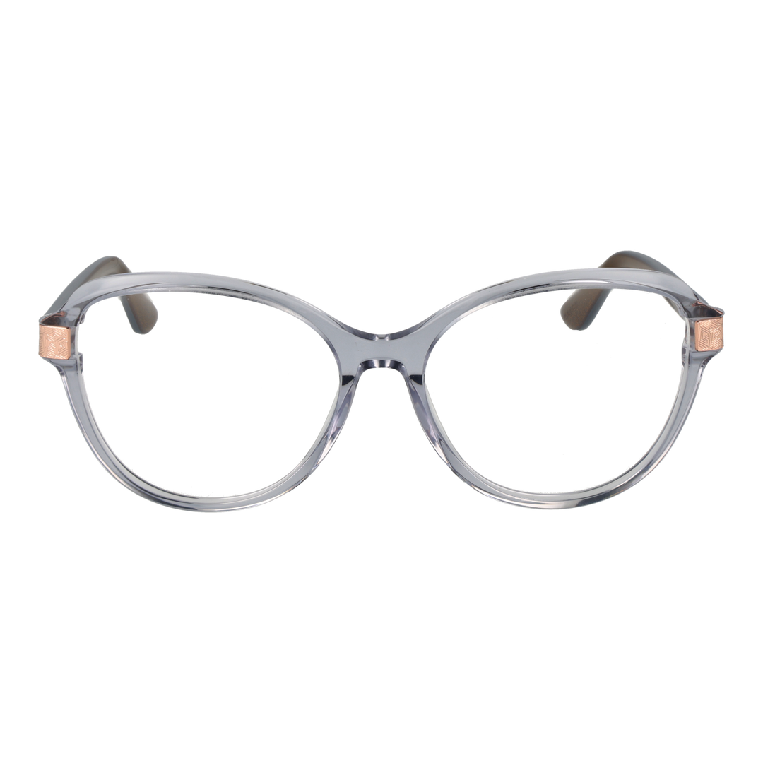 Transparent gray round eyeglasses with black temples and rose gold hinge accents, modern plastic frame