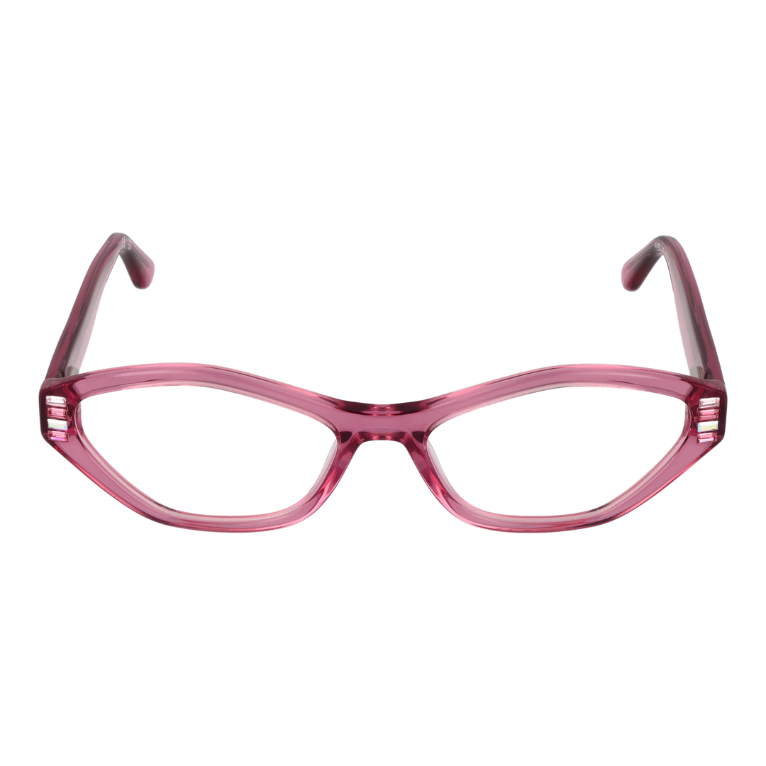 Transparent pink cat-eye eyeglasses in plastic with decorative side accents on neutral background
