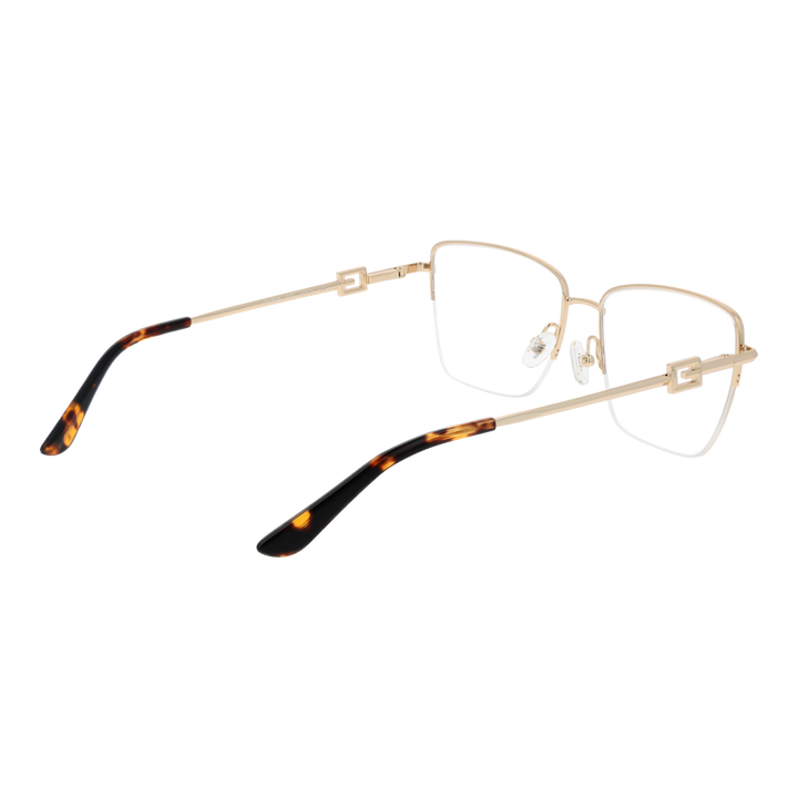 Gold semi-rimless eyeglasses with tortoise accents, square lenses, adjustable nose pads, decorative G logo on temples.