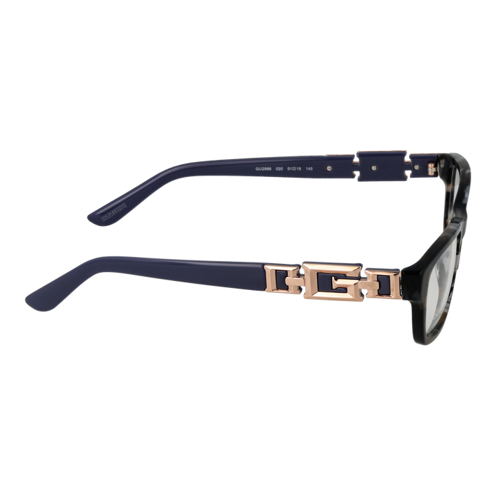 Tortoise shell rectangular eyeglasses with dark blue arms and rose-gold chain-link temple accents