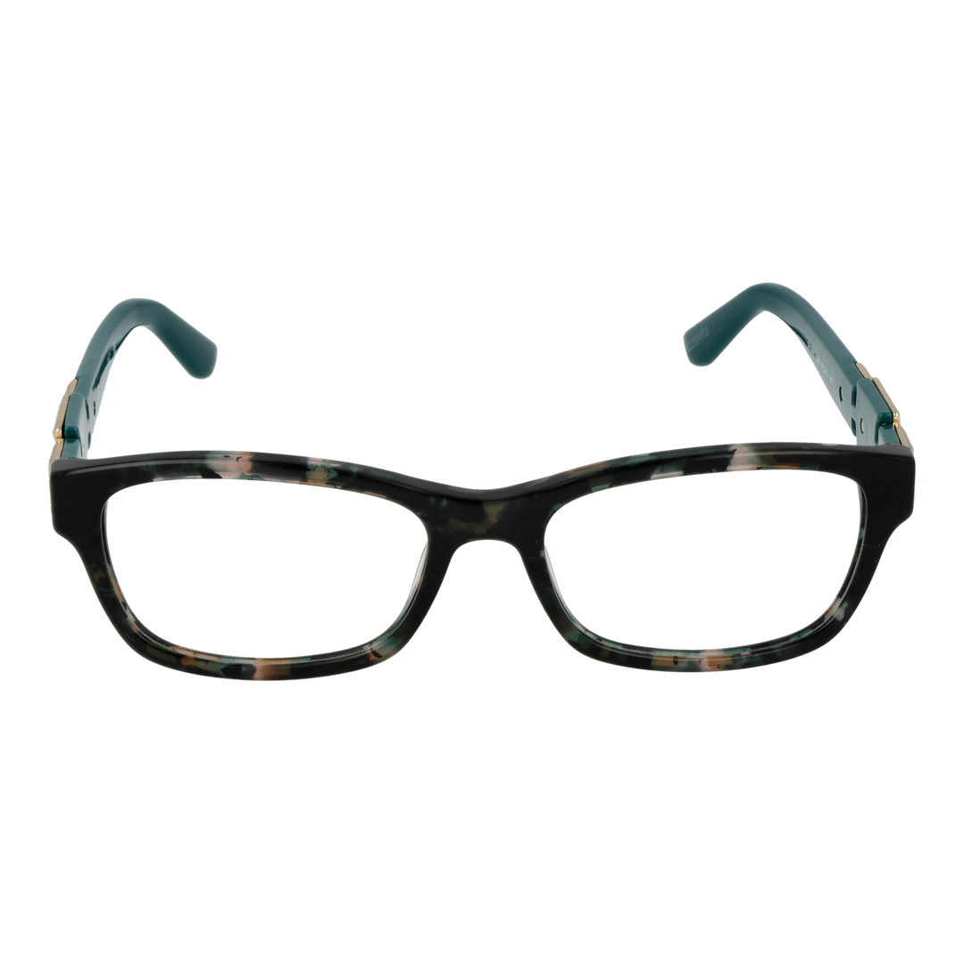 Black rectangular eyeglasses for Women with green-tinted lenses and gold logo temples, plastic full-rim frame