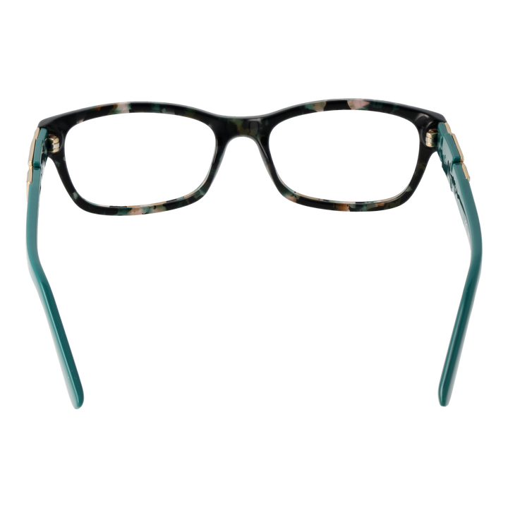 Black rectangular eyeglasses for Women with green-tinted lenses and gold logo temples, plastic full-rim frame