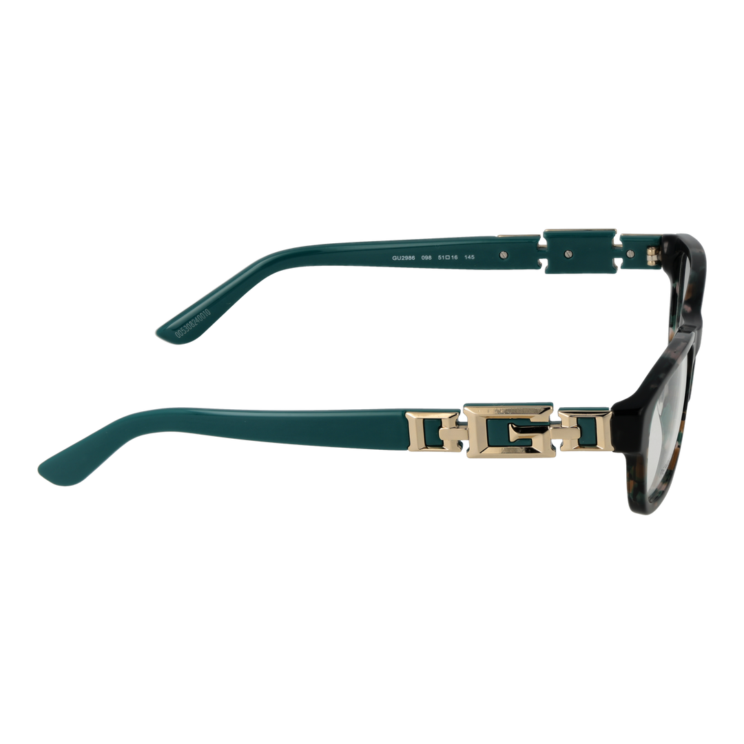 Black rectangular eyeglasses for Women with green-tinted lenses and gold logo temples, plastic full-rim frame