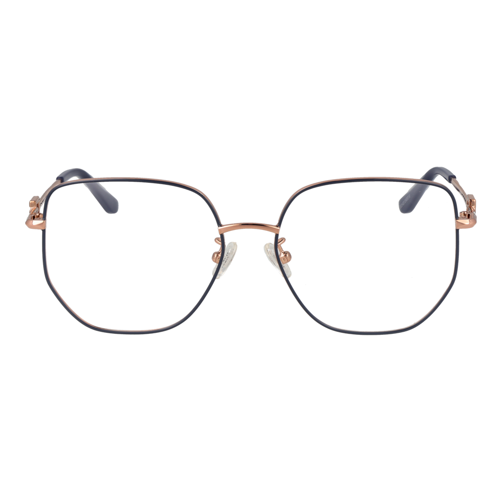 Rose gold geometric metal eyeglasses for Women with thin temples, black tips, and square temple detail