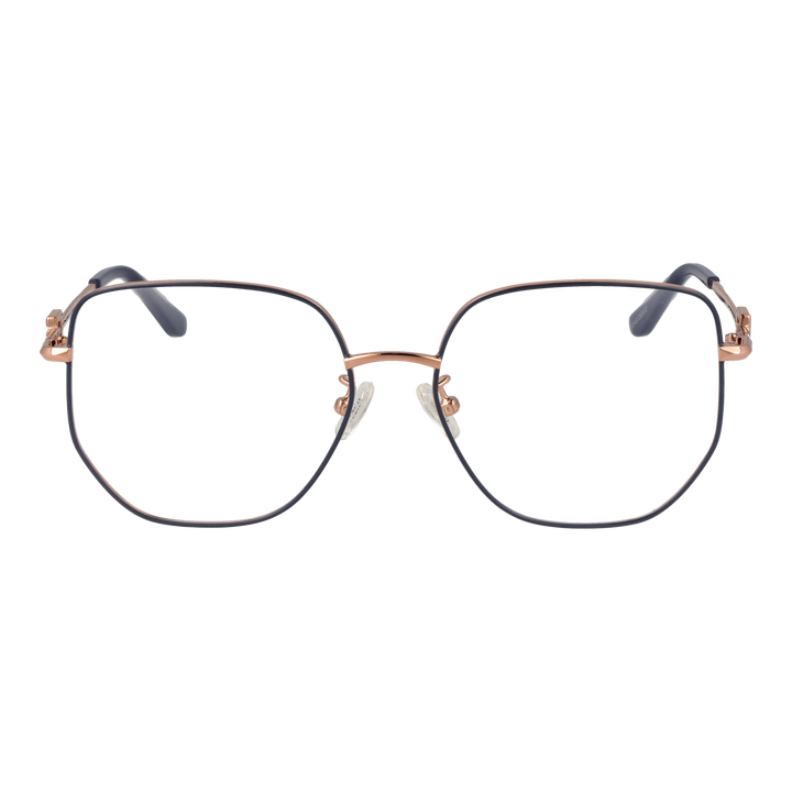 Rose gold geometric metal eyeglasses for Women with thin temples, black tips, and square temple detail