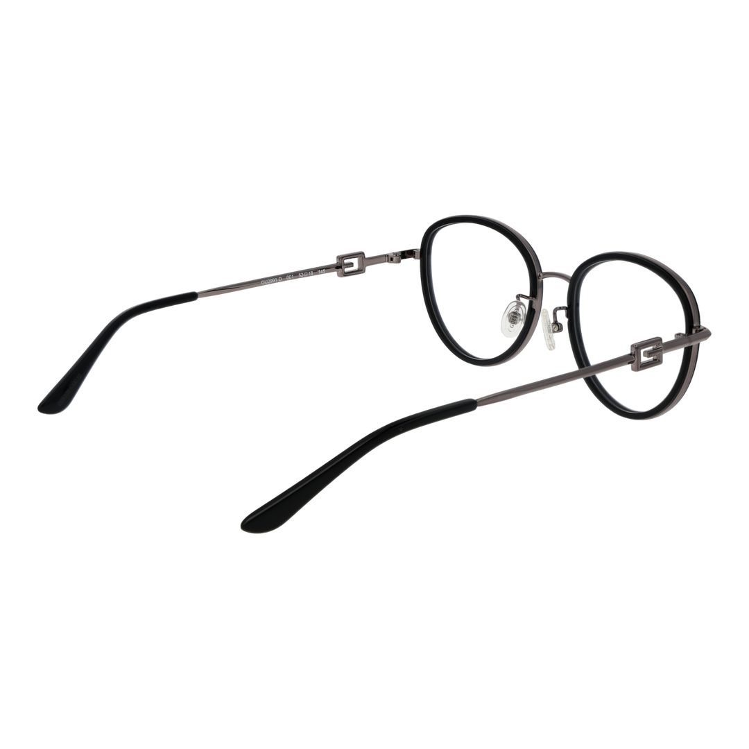 Unisex black and silver metal round eyeglasses with thin temples and decorative hinge on white background