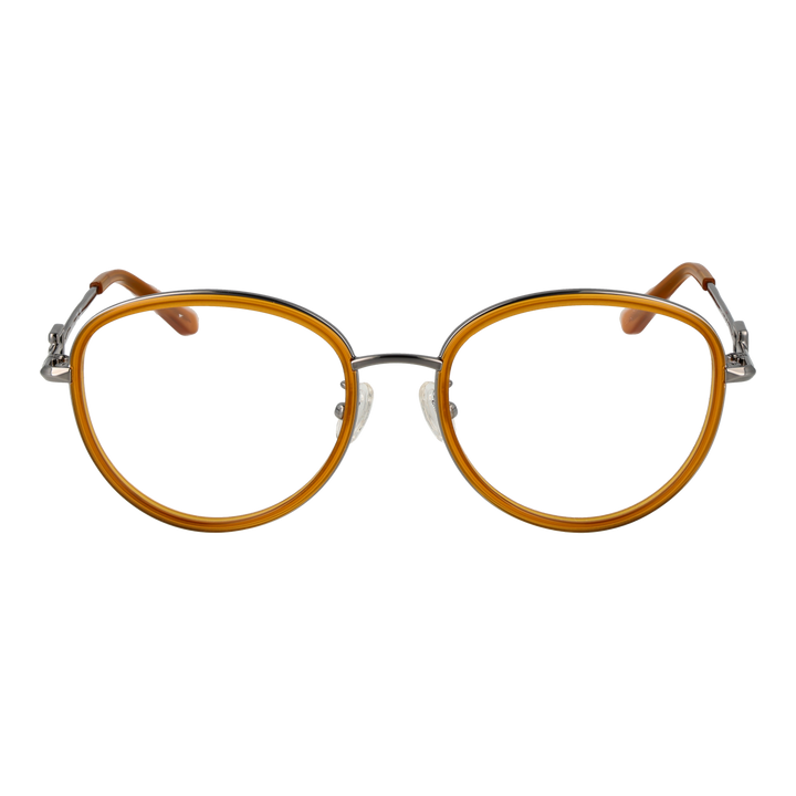 Unisex orange and silver retro round eyeglasses with metal temples and plastic tips on white background