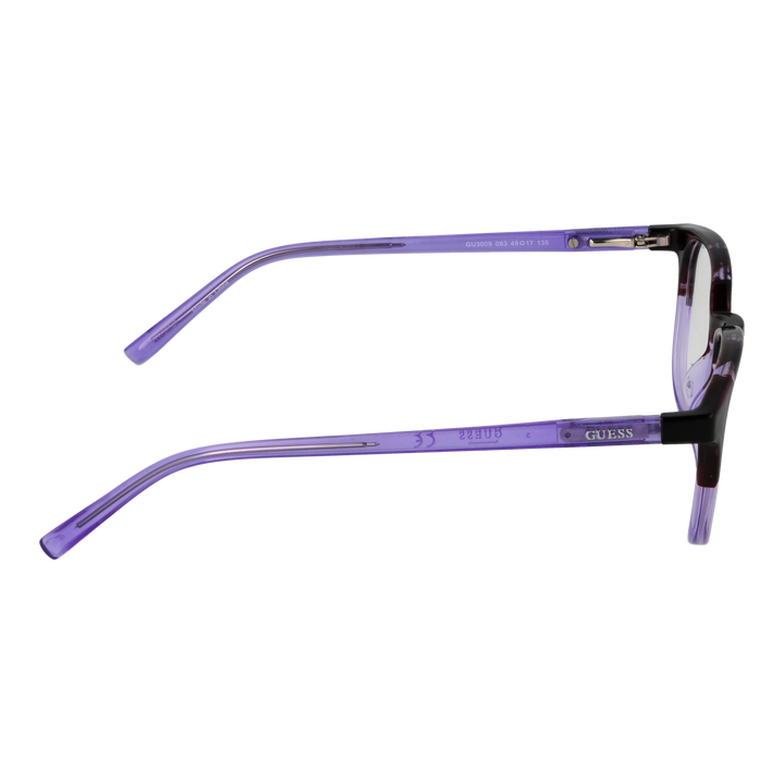 Guess eyeglasses for Women in black and purple full-rim plastic with rectangular lenses on neutral background