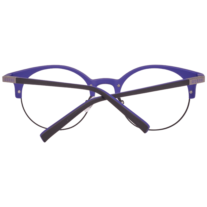 Unisex black and blue metal round eyeglasses with thin frame, adjustable nose pads and logo on temple, front three-quarter view