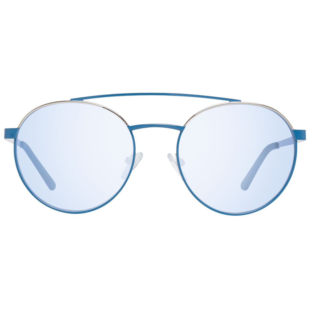 Unisex blue metal round eyeglasses with double bridge and adjustable nose pads against white background