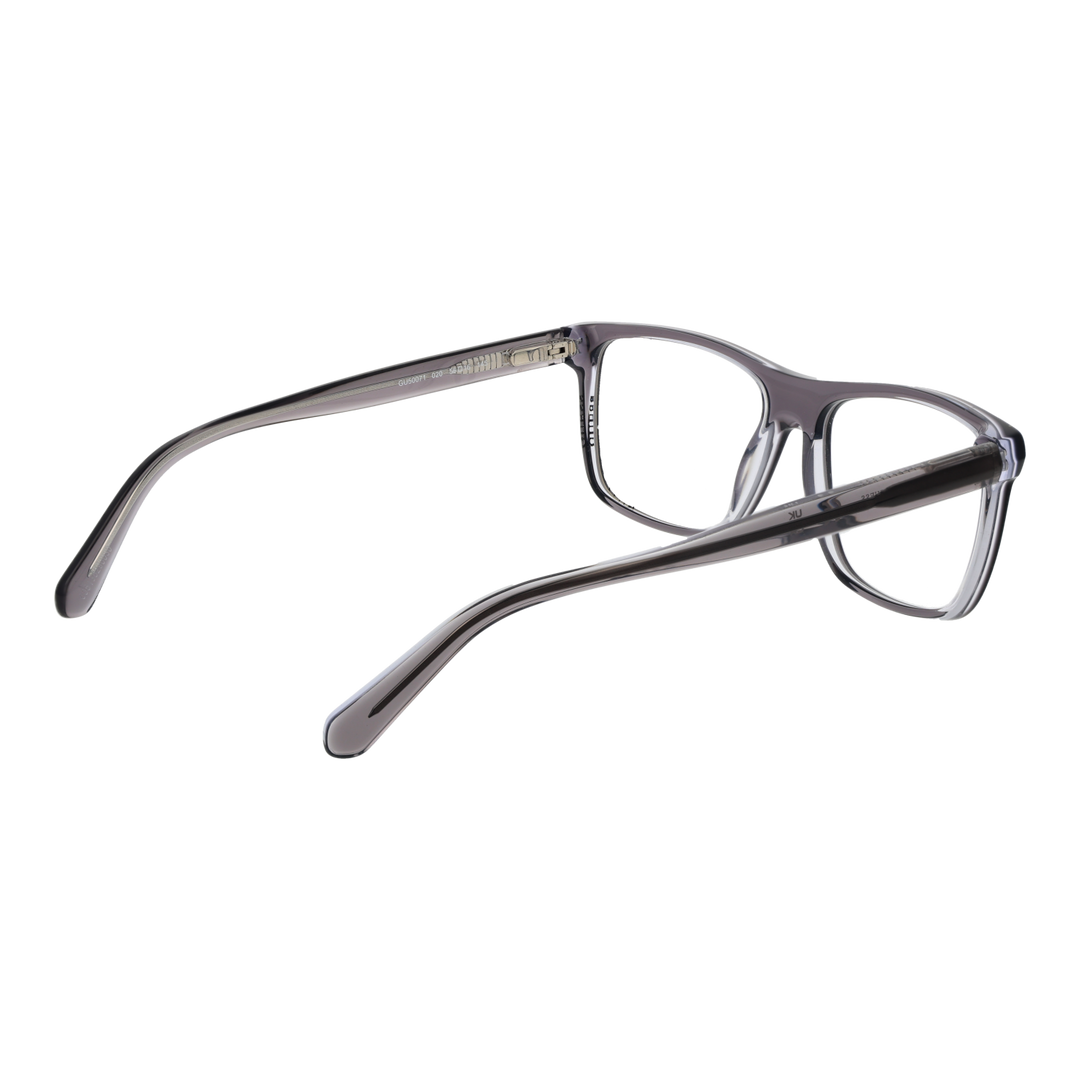 Unisex transparent gray plastic eyeglasses with rectangular lenses and modern full-rim frame on white