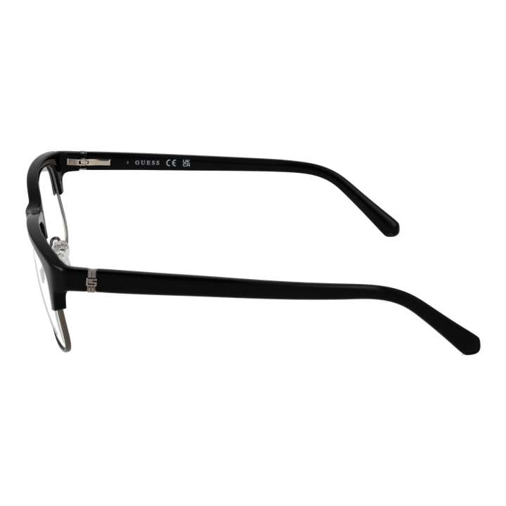 Black and silver semi-rimless eyeglasses with rectangular lenses, plastic upper frame and metal lower rim