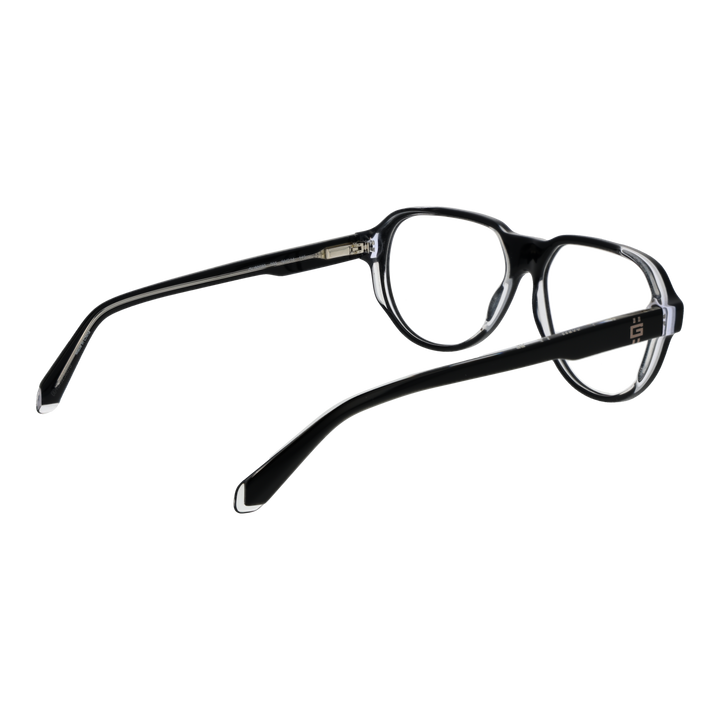 Unisex black full-rim rectangular eyeglasses with clear transparent temple accents and rounded edges