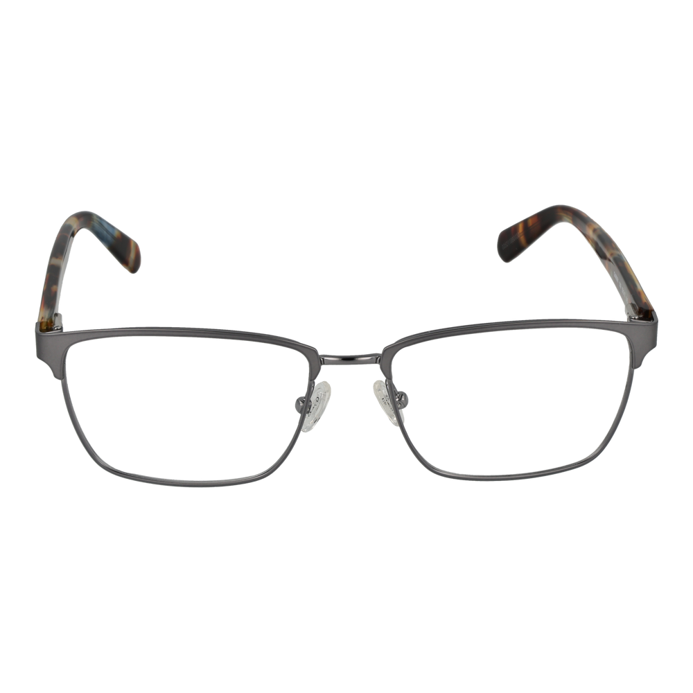 Unisex semi-rimless eyeglasses in gunmetal front with tortoiseshell patterned plastic temples, rectangular lenses, nose pads