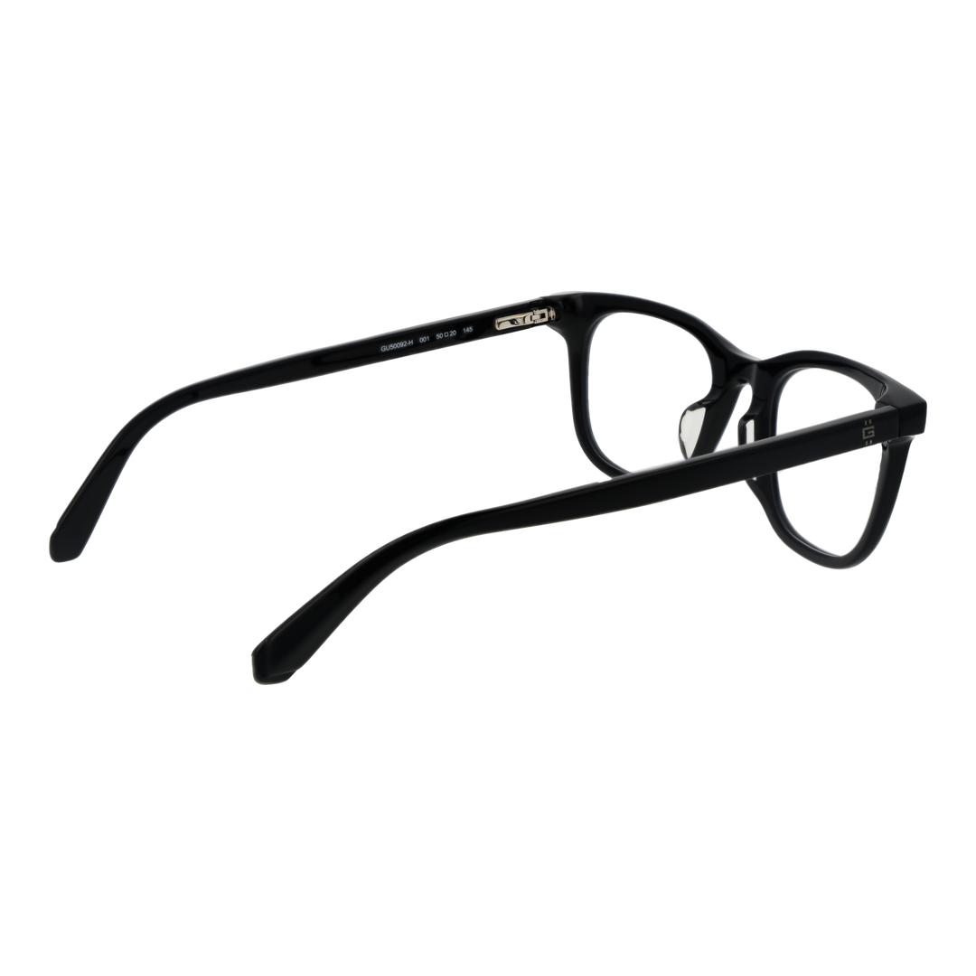 Unisex black full-rim rectangular eyeglasses in plastic with nose pads, front and angled view