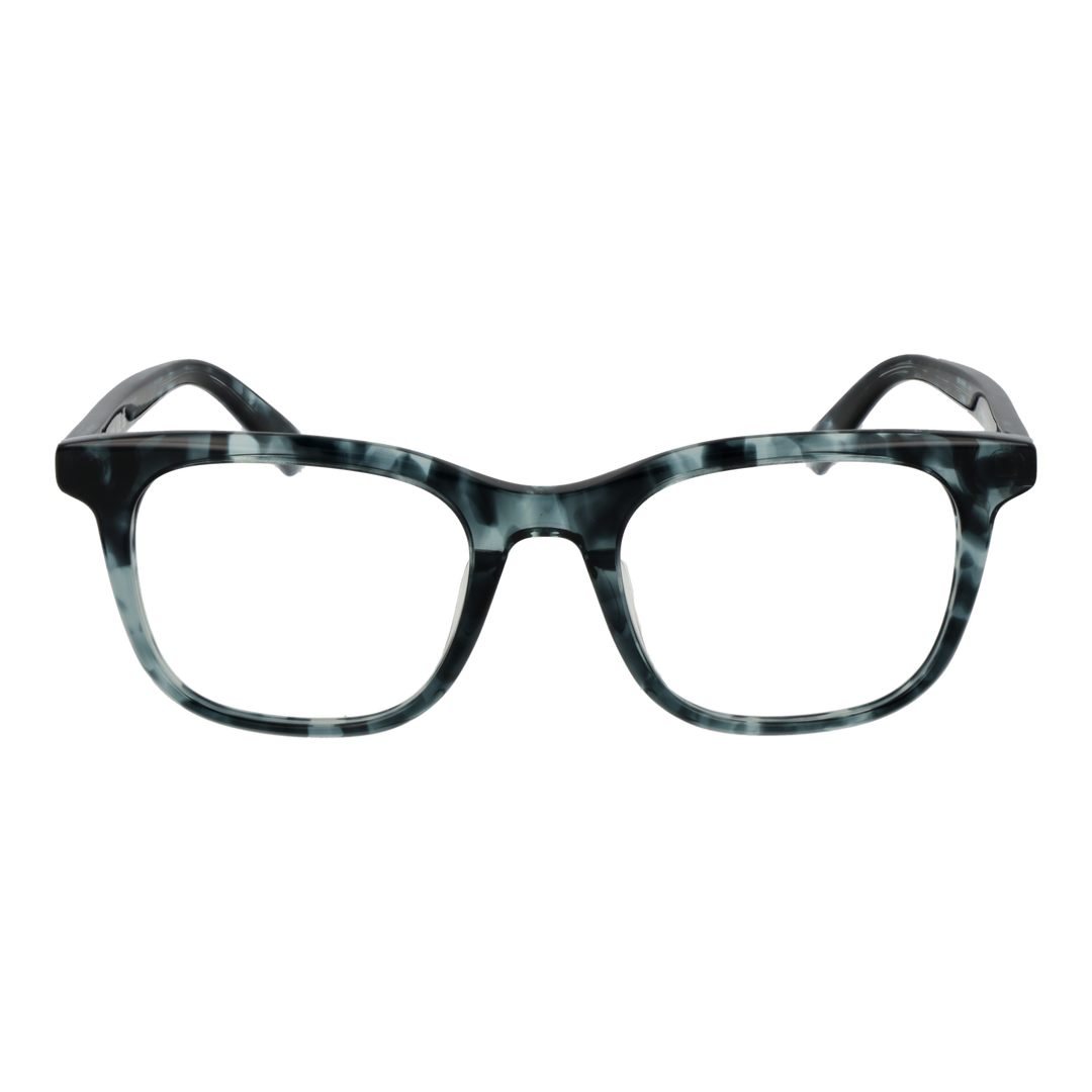 Unisex black and white marbled full-rim square eyeglasses in modern plastic, front view on neutral background