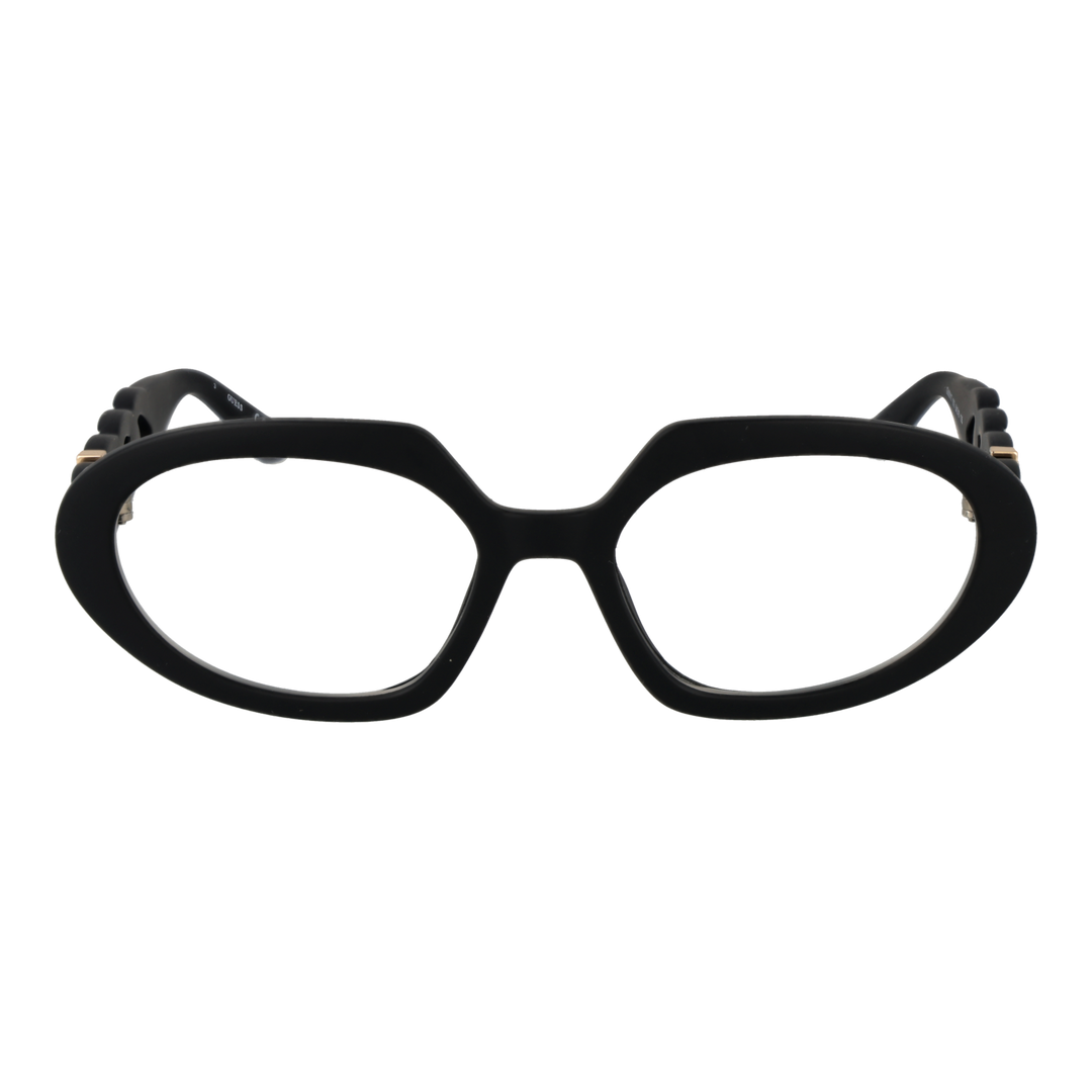 Black oval eyeglasses for Women with plastic frame, chain-link gold-accent temples, front and side profile