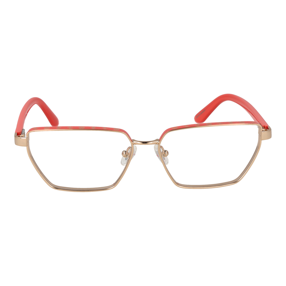 Gold metal rectangular eyeglasses for Women with plastic temple tips against white background
