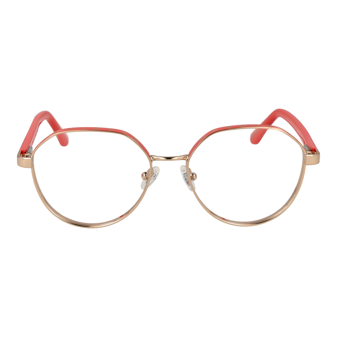 Gold metal round eyeglasses with red plastic temple tips, adjustable nose pads, modern slim frame for Women
