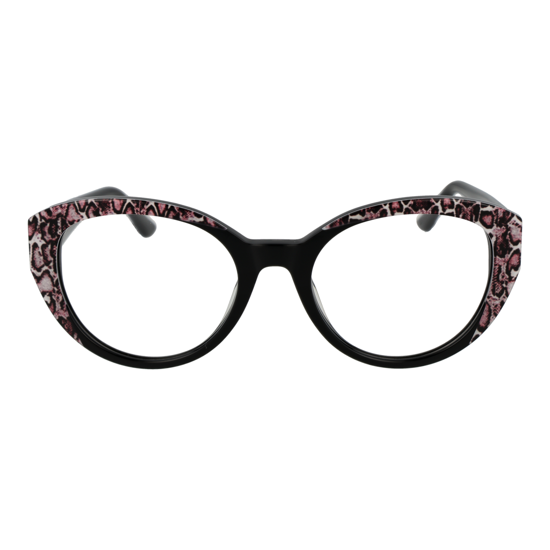 Black cat-eye eyeglasses with pink and white animal print and metallic temple logo for Women