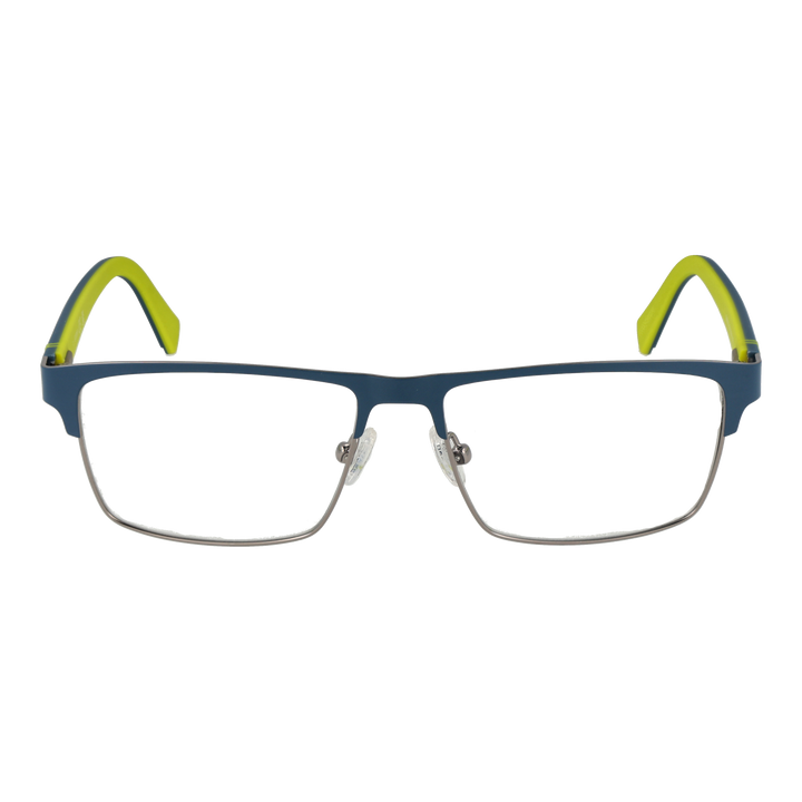 Blue rectangular eyeglasses with lime-green two-tone temples, silver metal frame, adjustable nose pads