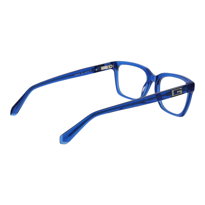 Transparent blue full-rim rectangular eyeglasses with metal logo on temples, Unisex design