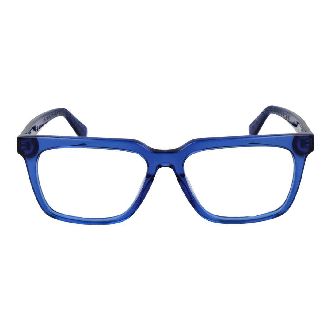 Transparent blue plastic rectangular eyeglasses with clear lenses and Guess logo on temple, modern unisex design