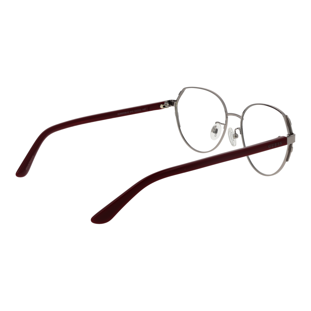 Unisex silver round eyeglasses with thin metal frame and dark red acetate temple tips, adjustable nose pads