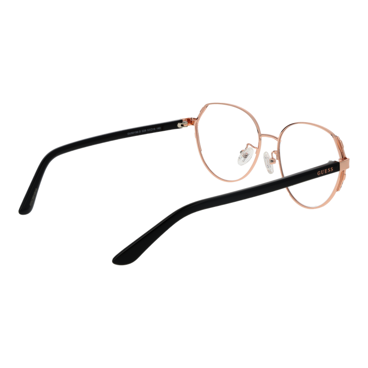 Rose gold thin metal round eyeglasses with black plastic temple tips on white background, minimalist modern design