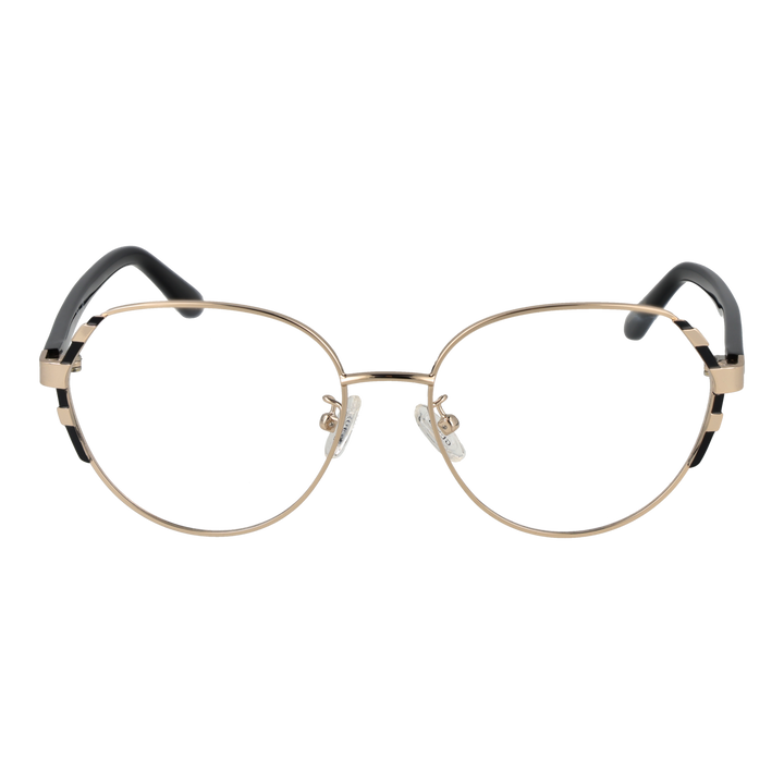 Gold thin metal round eyeglasses with black plastic temple tips on neutral background, front view