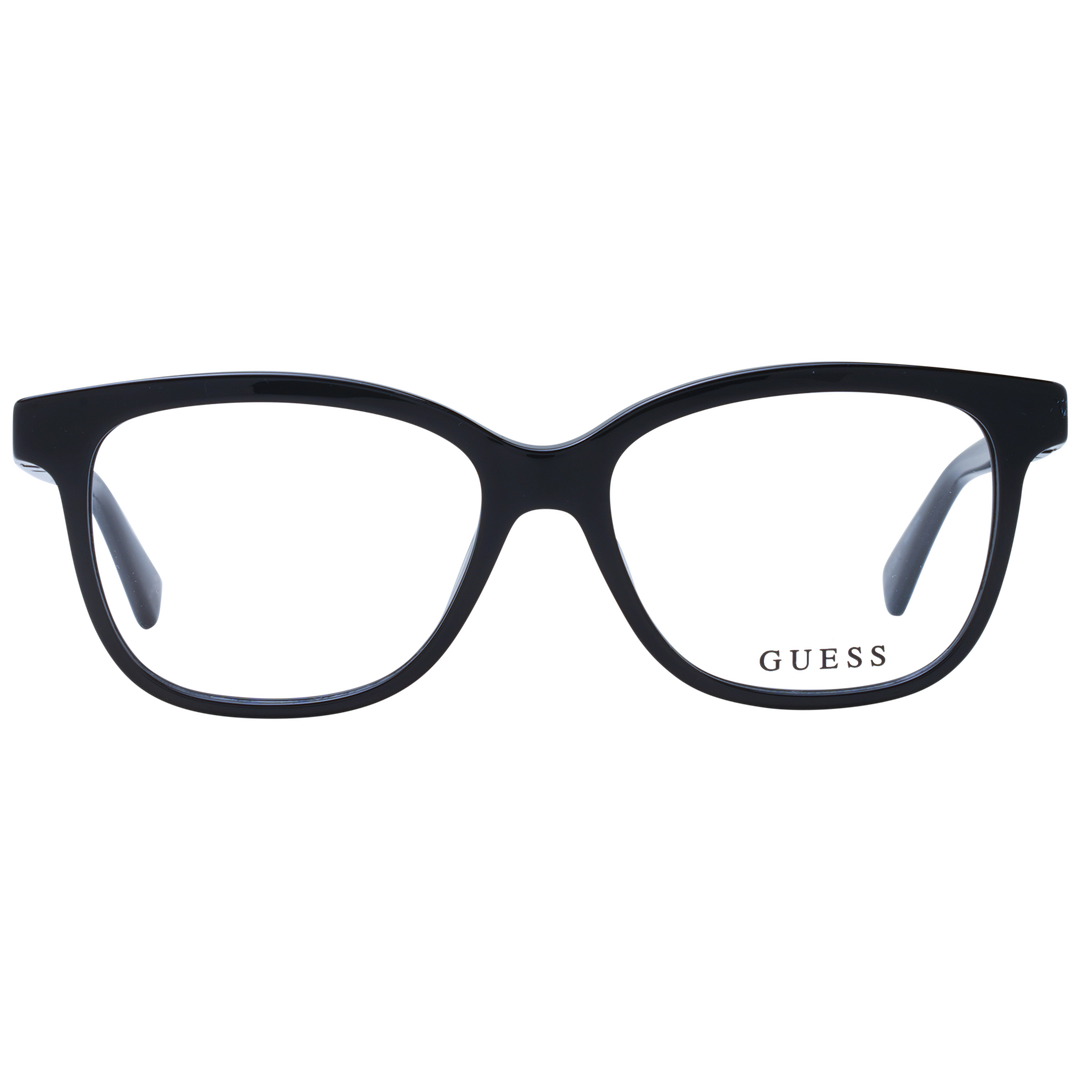 Unisex black plastic rectangular eyeglasses with full-rim frame and logo on temple, front three-quarter view