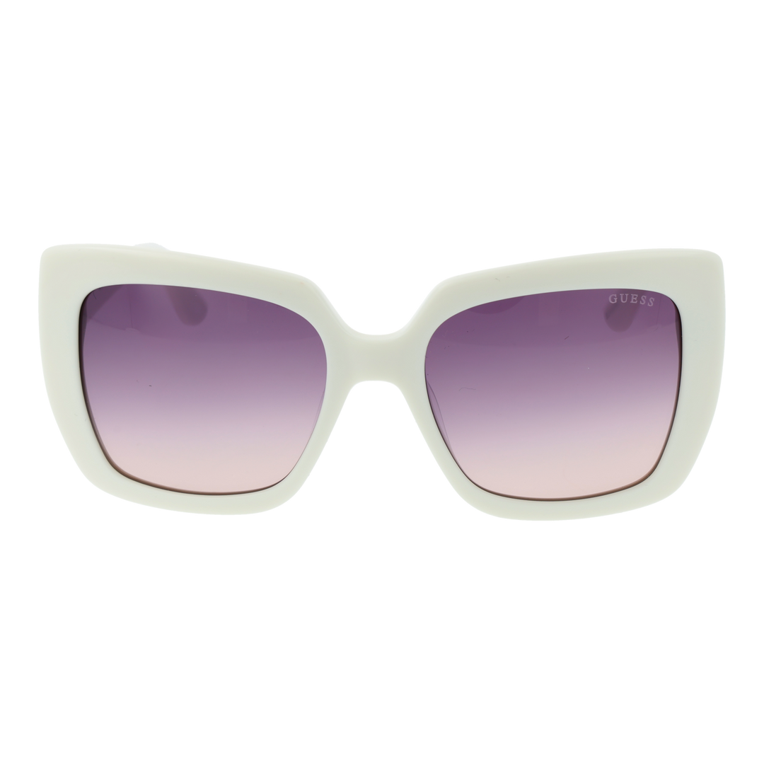 White plastic oversized sunglasses with pink-to-purple gradient square lenses and patterned temples with metal detail