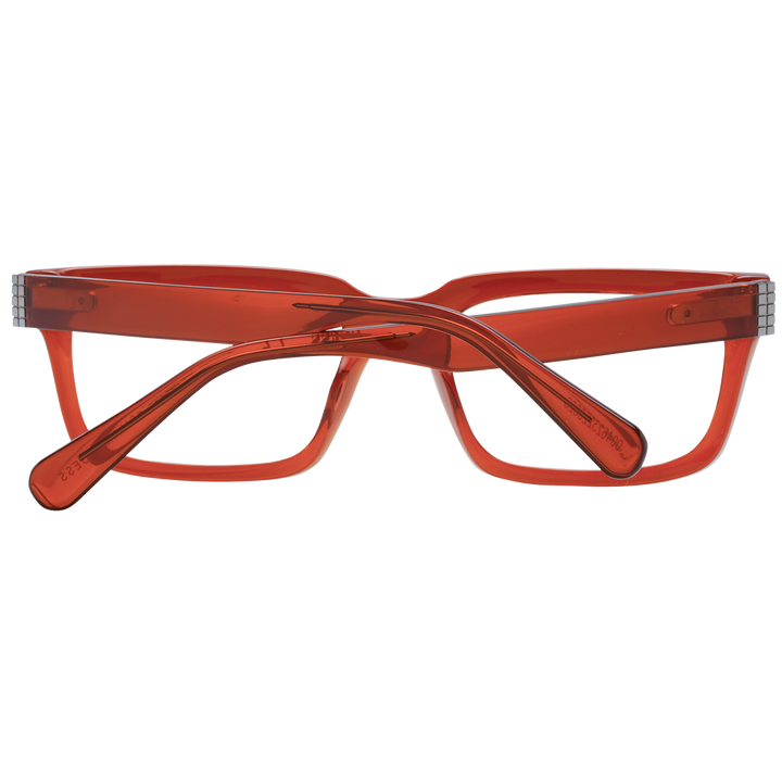 Unisex transparent orange rectangular eyeglasses in plastic with silver-striped temples against neutral background