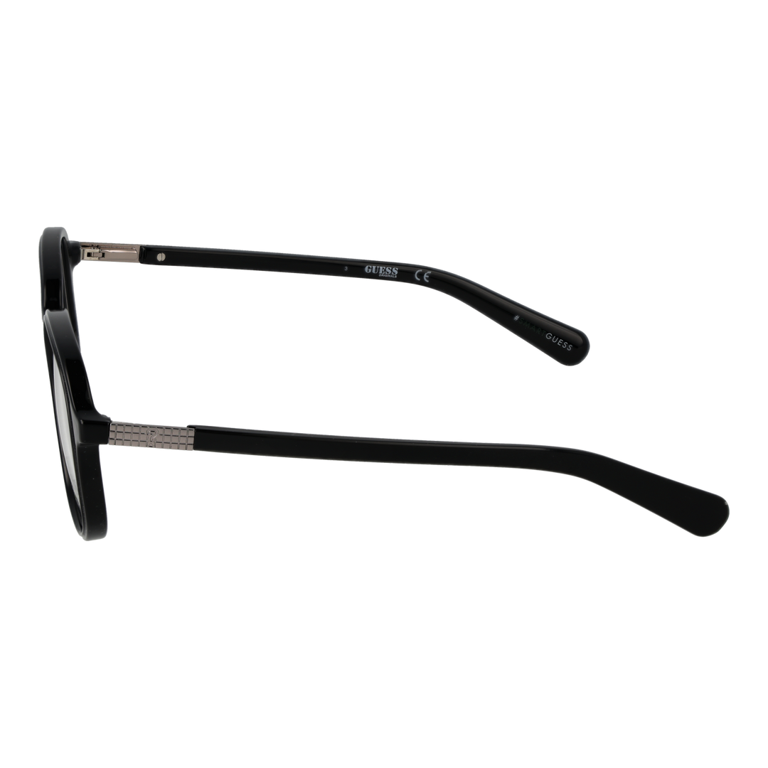 Black plastic rectangular eyeglasses with metallic hinge detail on temple, front view on white background