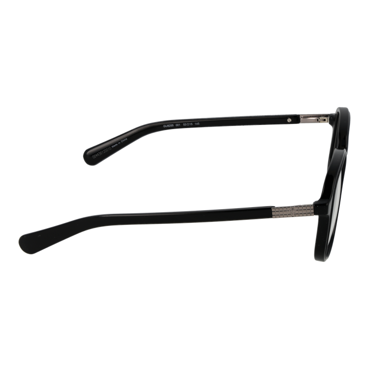Black plastic rectangular eyeglasses with metallic hinge detail on temple, front view on white background