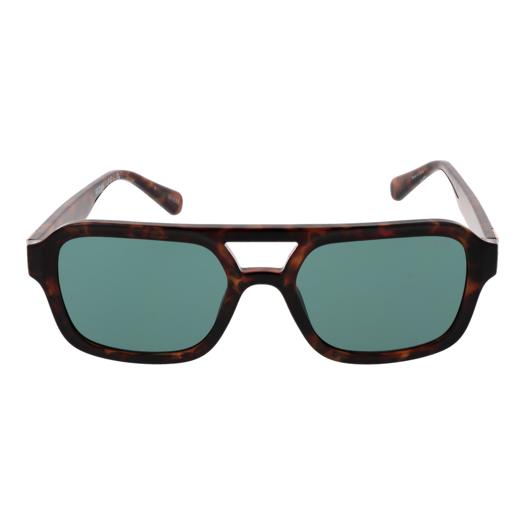 Unisex tortoiseshell square sunglasses with double bridge, gold temple accents and green lenses