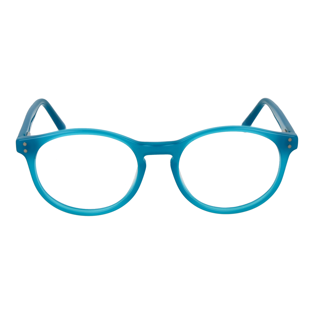 Unisex blue plastic round eyeglasses with small metal rivets near the hinges on a neutral background