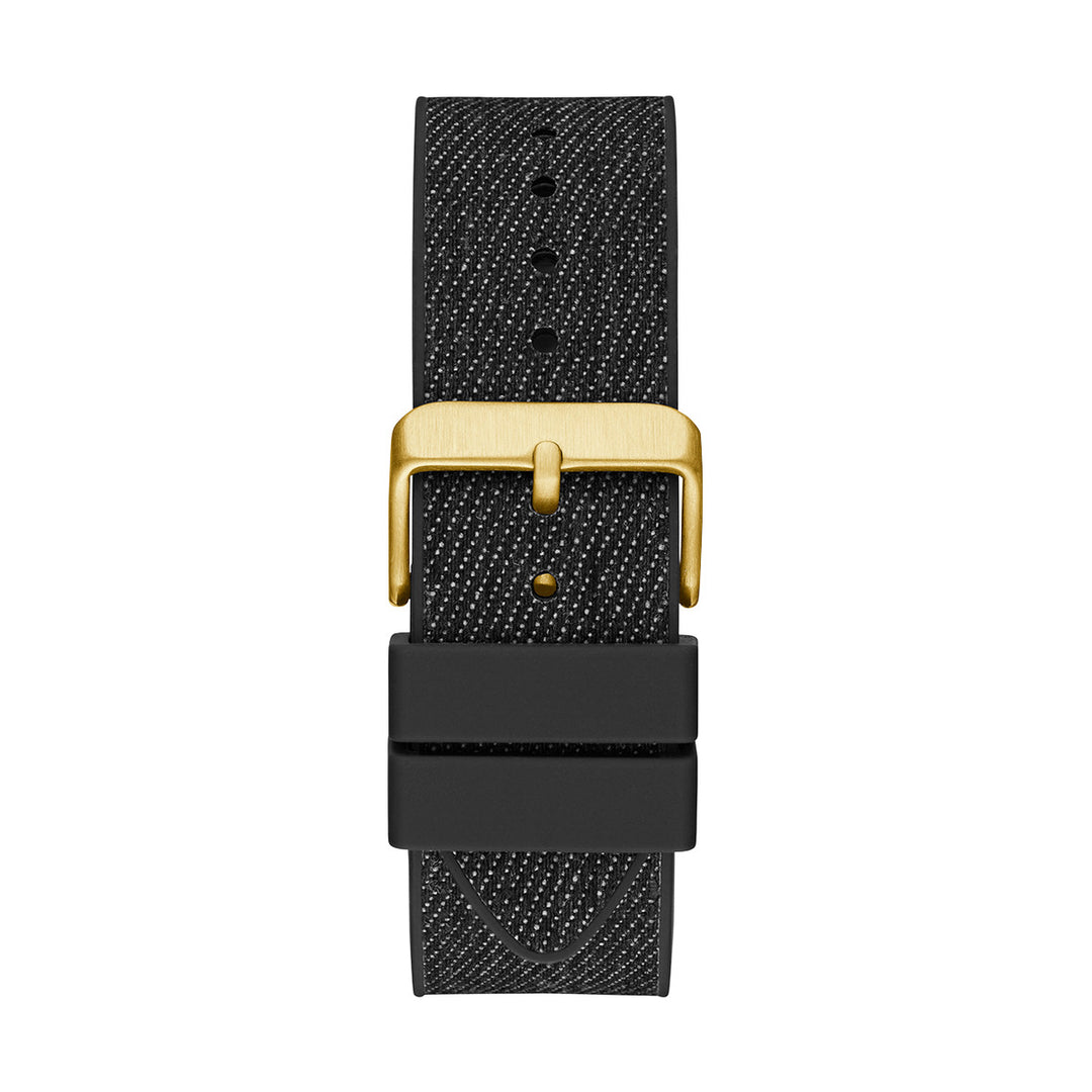 Gold and black chronograph watch with fabric-textured strap and three subdials, Unisex design