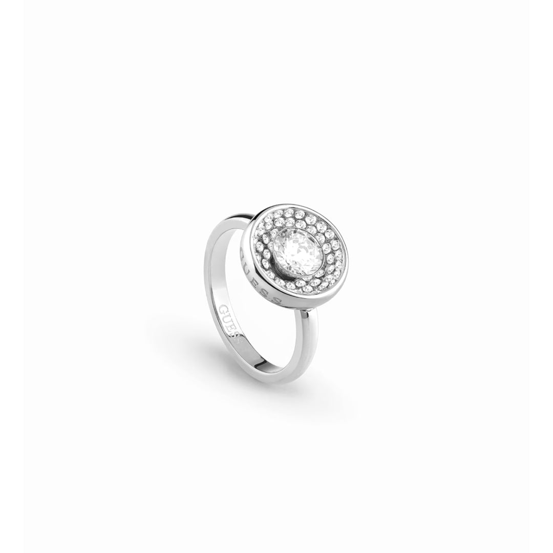 Silver halo ring featuring round center stone, pavé surrounding stones, engraved Guess logo on band