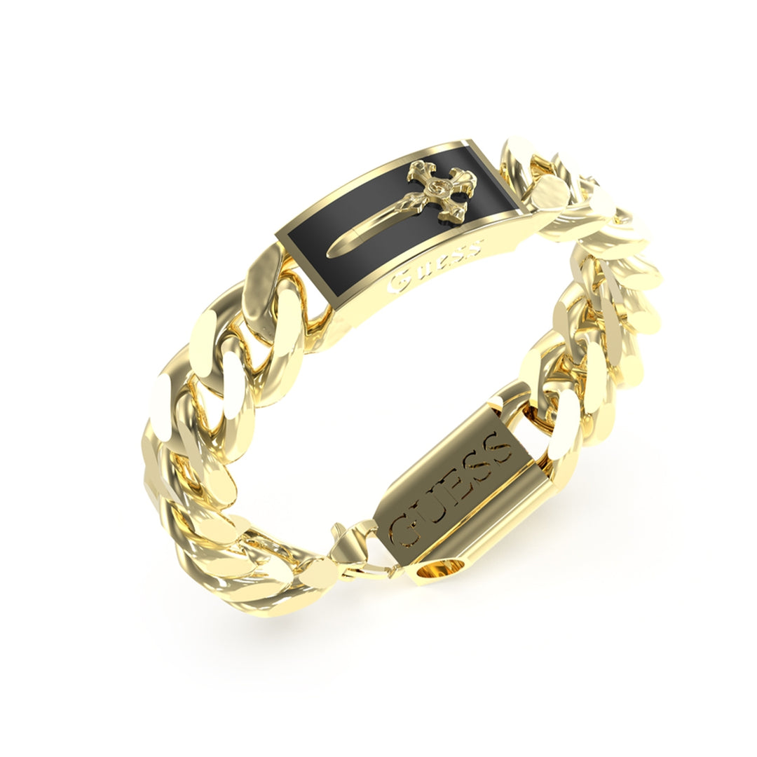 Gold chunky chain bracelet with black accents, cross emblem and engraved text on a dark background