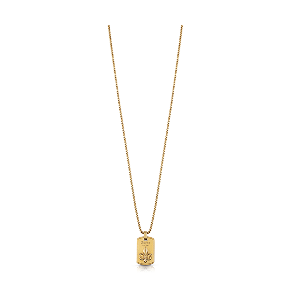 Unisex gold pendant necklace on chain featuring engraved fleur-de-lis on rectangular plaque
