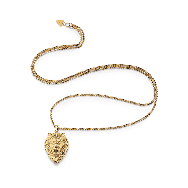Gold-toned necklace featuring a sculpted lion head pendant on a substantial chain, displayed against neutral background.