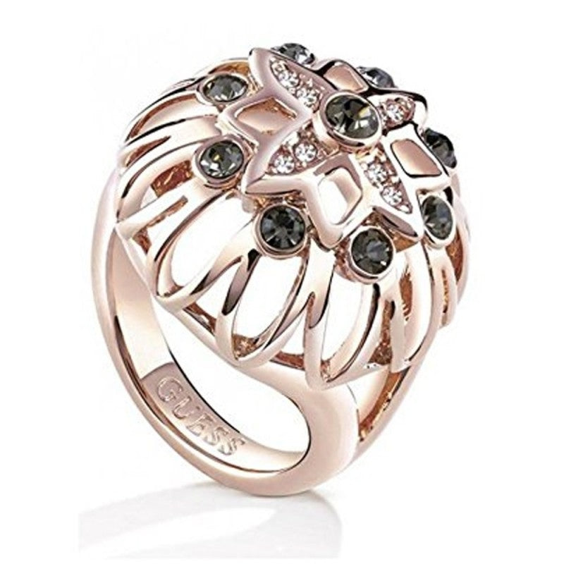 Rose gold openwork floral ring with black and clear stones on display for Women