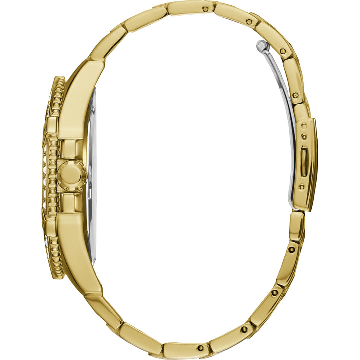 Unisex gold-tone chronograph watch with crystal-studded bezel and bracelet links on neutral background