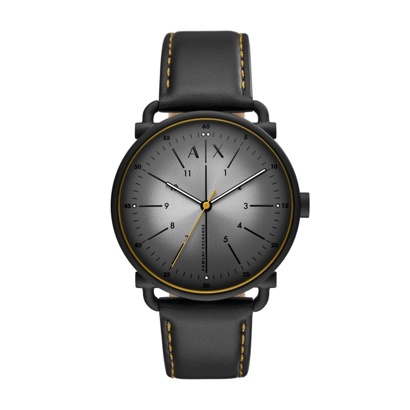 Black metal-cased wristwatch, grey-gradient dial, black leather strap, yellow stitched detail and second hand.