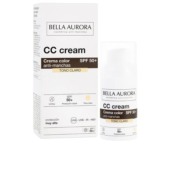 30 ml tinted CC cream tube, medium shade, matte finish, SPF50+