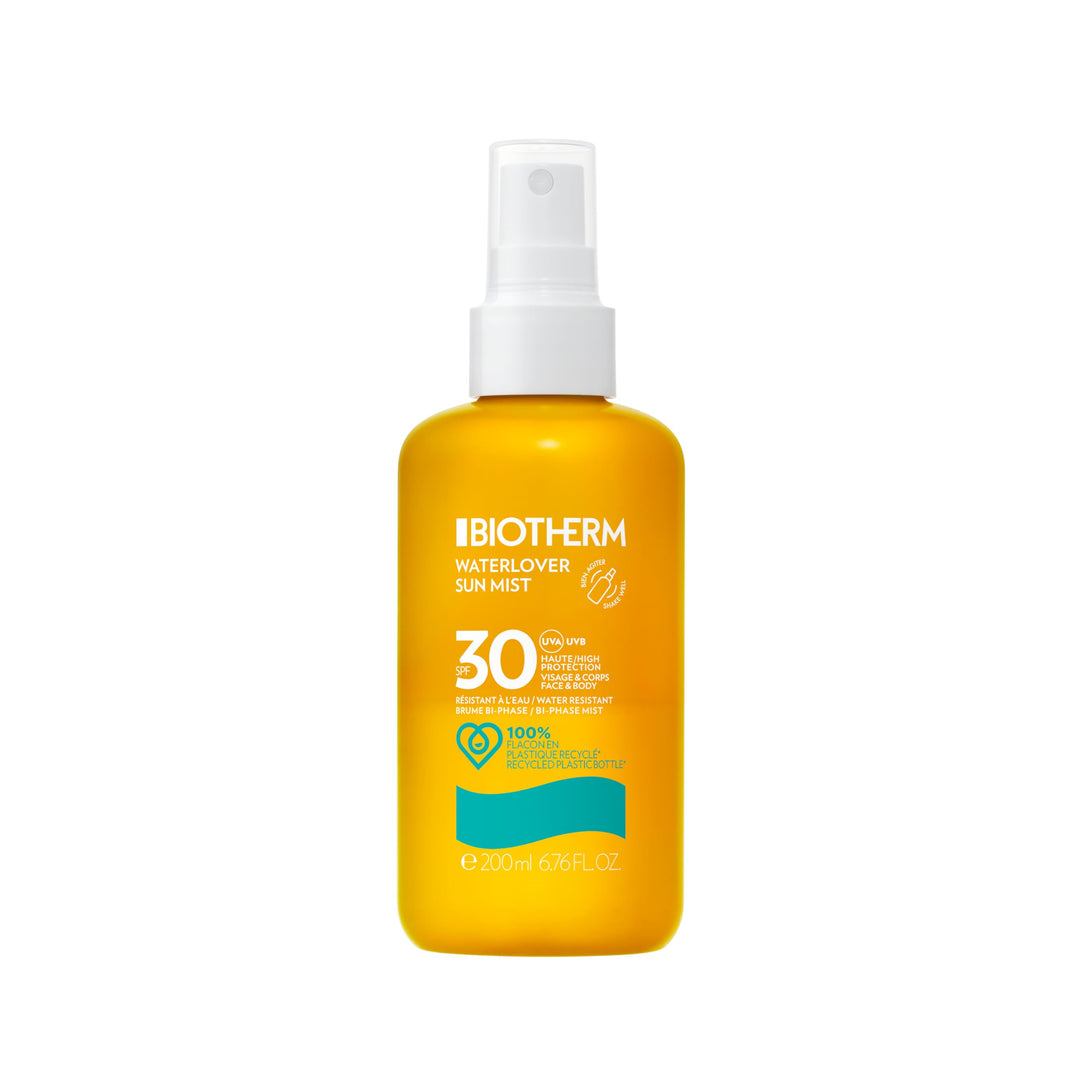 Biotherm Sun Waterlover Hydrating Mist Sunscreen: 200 ml SPF30 hydrating sun mist in recyclable biodegradable spray bottle